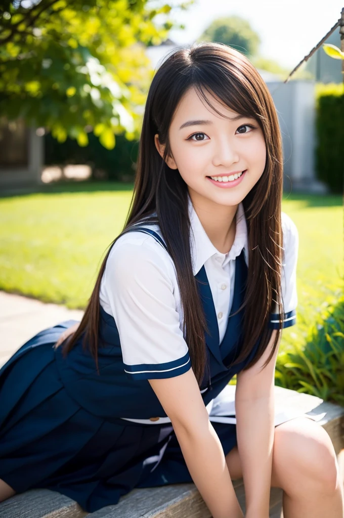 Pure young Japanese school girl, natural body, white skin, wearing summer uniforms, natural black hair styles, impressive big brown eyes, no makeup, thick eyebrows, pure smile, refreshing in summer sunlight, feeling soft breeze in hair, sitting, relaxed pose, sexual attractive, professional portrait photography, 