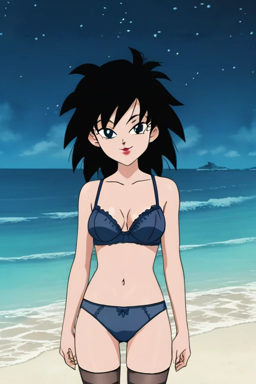 source_anime, score_9,score_8_up, score_7_up, ginedb, anime screencap, 1girl, solo, looking at viewer, smile, medium breasts, black hair, ocean, medium breasts, smile, standing, blue night sky, night, stars, underwear, cyan top, cyan panty, lengerie, lingerie, mesh stockings, transparent tights, red lips, lips, makeup, sexy makeup