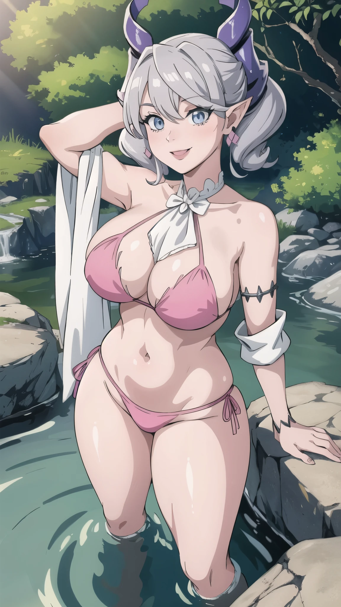 Waterfalls High level image quality best image quality 8K adult woman background a lake in the middle of jungle outside more colors whole body view portrait wearing dark pink bikini white horn ears short hair((shortcut)(gray hair)(perm)(fluffy)) eye color is blue , , attractive evil face , smile , sexy pose , labrynth , barearm , both arms over head , wearing pink , one leg on rock , standing ,