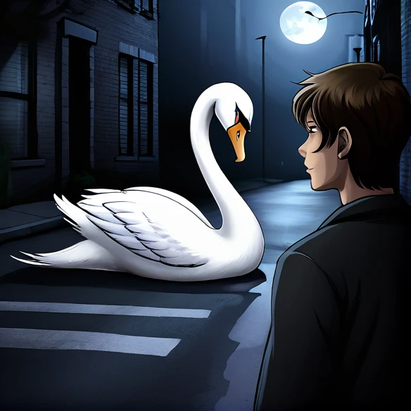 Imagine a woman with a swan head on a dark street in love supernatural 