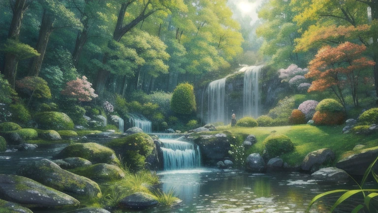 bright, Shine, flower園, flower畑,Money, Surreal illustration, Otherworldly, Highly detailed and magical lighting, Intricate forest details, Surrounding vegetation and river, Solarpunk ,landscape, , Beautiful foliage with beautiful lighting and realistic proportions, Like a movie background, 8k, Highest quality, masterpiece, 空のcloudと星.baptism,Baptism,Garden of Eden,Colorful,夢のようなlandscape, cloud, light piercing through the cloud, Reflection on the surface of the water, Gentle waterfall,flower々, flower ,Quiet atmosphere, Richness in details, Surreal beauty, Magical Aura, ファンタジーlandscape, High quality digital art, Vibrant colors, Fantastic lighting, Enchanting atmosphere, Artistic Expression, Otherworldly feeling, Beautiful brushwork, Magnificent View, Peaceful tranquility, Immersive Experience, Breathtaking views, Picturesque views, Mysterious charm, Mysterious atmosphere, Nuances, A magical dream. There are no people, Nobody is here