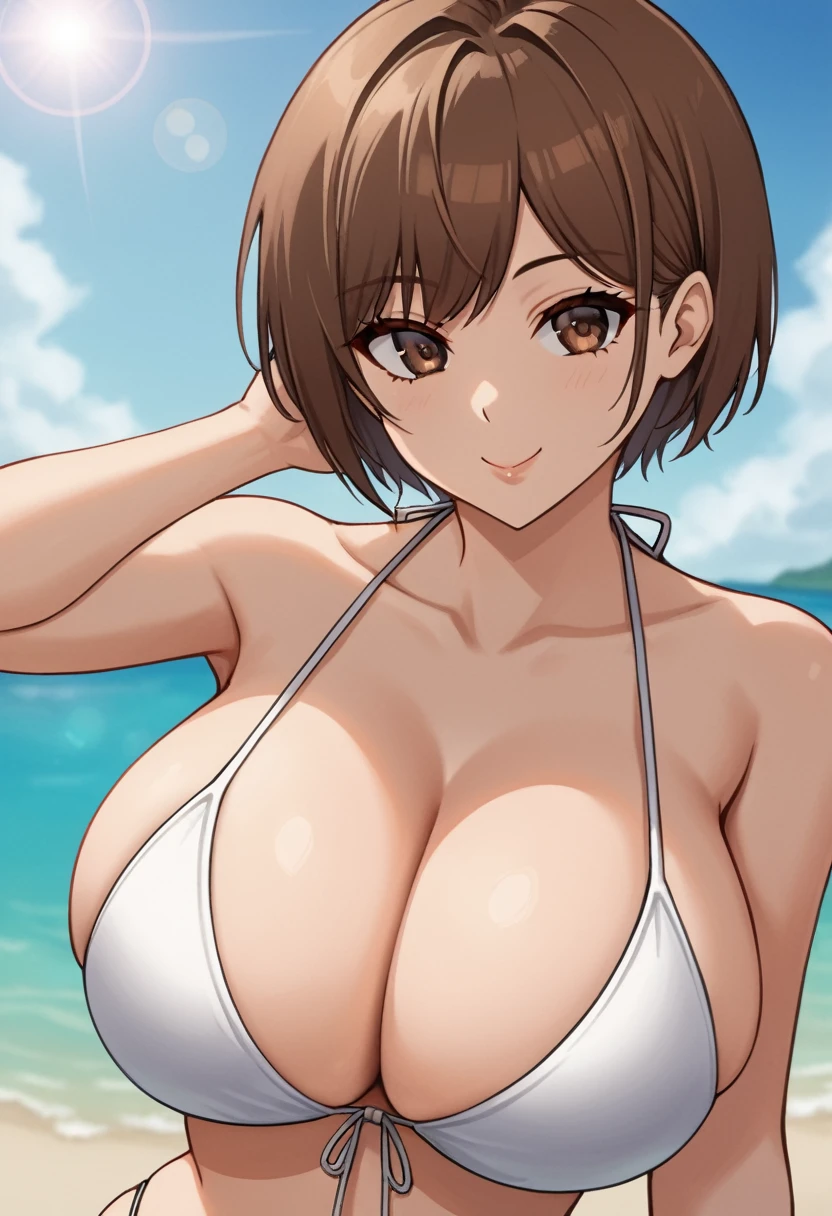 best quality, source_anime, 1girl, brown hair, brown eyes, short hair, big breasts, bikini, cleavage, upper body, nsfw