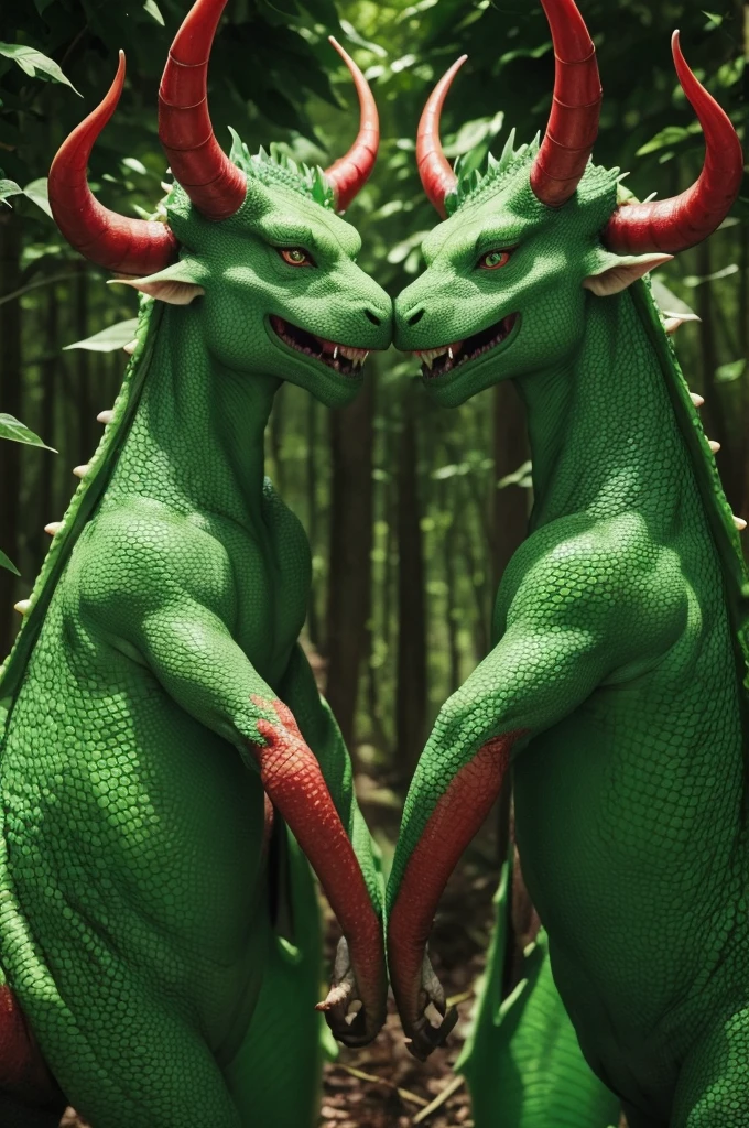 A two-headed green dragon, with red spots all over the body,and two horns on each head, in the middle of a forest