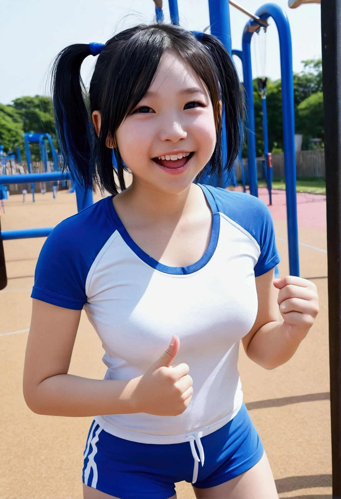 1 female,black hair,(()),(((White and blue short sleeve gym clothes and shorts)))(((blush、open mouth smile)),(((Yuki Mikan))),crowd(Baby girl body shape)(((small breasts)))sexy pose,((wet with sweat))Outside playground