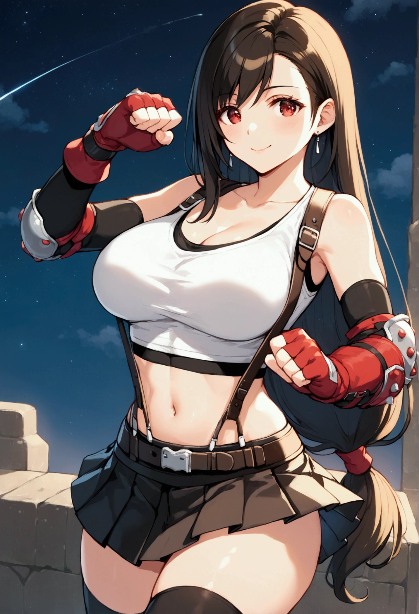 (score_9, score_8_up, score_7_up),,BREAK , ,dynamicangle,,breast side view,breast press,,standing,leaning on wall. upperbody,,Solo ,1girl, tifa lockhart, final fantasy, tareme,black hair, low-tied long hair, red eyes, bangs, (white tank top, belt, pleated skirt, thighhighs, elbow fingerless gloves, elbow pads, midriff, navel,suspender skirt) ,(large_breast),(light smile),daytime,outdoor,(ultra detailed),(best quality),(aesthetic,very aesthetic),UHD,extremely detailed CG unity 8k wallpaper,depth of field,,,detailed face and eyes