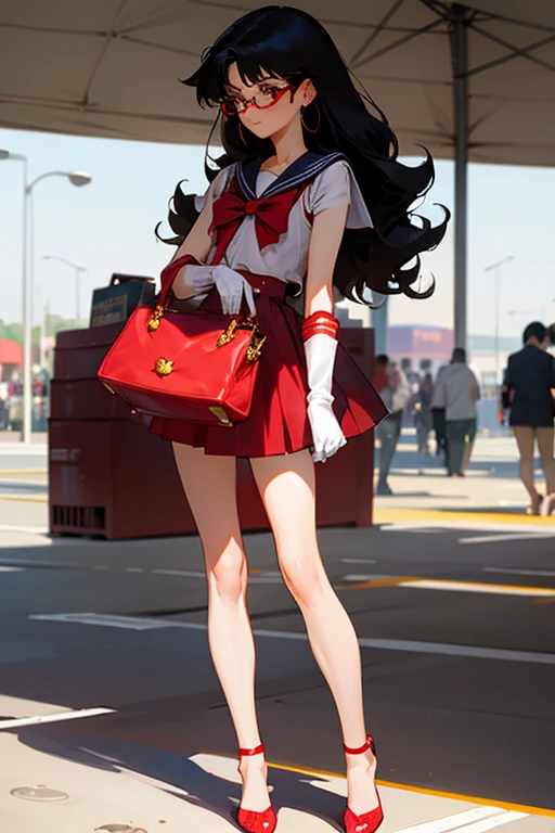 A skinny girl with glasses and black hair and natural curls, freckles, and a shy expression, dressed like Sailor Mars, wearing red high heels and white gloves.　barefoot　Comiket Venue　long handbag