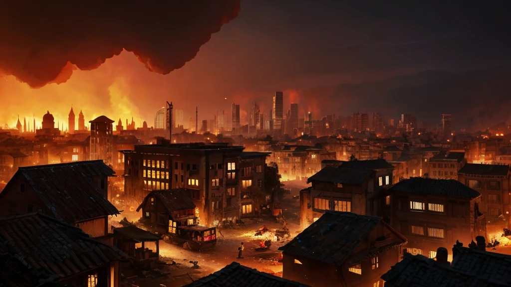 up close scene of ancient town of ruins, on fire, city destroyed, dark, post apocalyptic, artistic, city ruins in background, dark purples, magentas, reds, yellows, lots of active fire, abandoned city, burning, night time, really close up view, in fire, gouache art style, painted, video game, different sized buildings, street view, purple, purple, clouds, painting