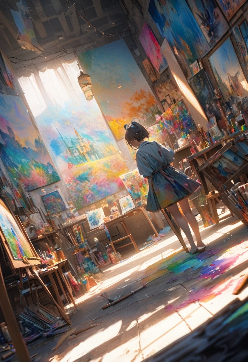 dutch angle, focus on the canvas, I am painting the Grimm fairy tale "The Bremen Town Musicians" on canvas, sunlight shines into a dimly lit room, the room is cluttered with art supplies, conceptual installation art, 2.5D, delicate and dynamic, fusion of watercolors and oil paintings, magic of vivid color shades and contrasts, gradation, foggy filter effects