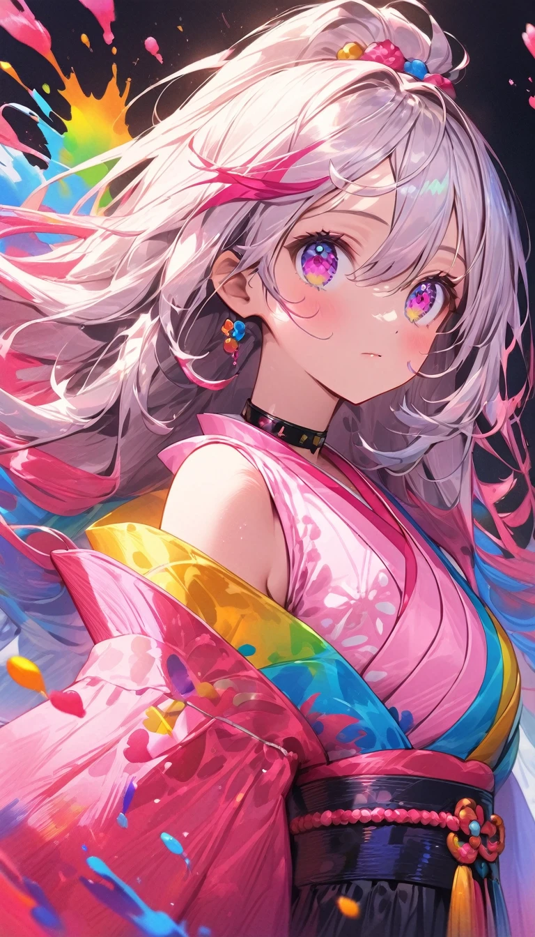 （Pink fashion T-Camisa，：1.9），（Colorful hair：1.8），（Rainbow all colors：1.8），（（（（Vertical painting：1.6)）），（painterly：1.6），front side，comic,illustration,painterly,with big eyes,Crystal clear,（Iridescent gradient high ponytail：1.7）,elaborate makeup,closed Mouth,(Small fresh:1.5),long lashes,White shoulder T- Camisa，, White Shoulder Shirt，looking at the viewers，watery big eyes，(rainbow color Hair：1.6), Color Splash, （solo：1.8）, Color Splash, Color explosion, Color Splash, Color explosion, Thick lacquer style，Messy lines，((Shiny,)) ，(colorful，，), Thick Paint Style, (Splash) (Color Splash), Vertical Painting, upper  body, Paint Splash, Acrylic Pigment, Gradient, Paint, Highest Image Quality, the highest picture quality, Masterpiece, Solo, depth offield, Face Paint, colorful clothes, (elegence: 1.2), Ornate, long haired, aeolian, (elegence: 1.3), (petaled: 1.4)，(((master masterpiece))),(((the best quality t))),((ultra Detailed)),(illustartion),(Dynamic Angle),((floating)),(painti),((Loose hair)),(solo),(1girl) , (( (Detailed anima face))),((Beautiful detailed face)),collars,Shoulders exposed,White Hair,((colourfel hair)),((streaked hair)),Beautiful detailed eyes,(Gradient eyes),(( （color eyes））），（（（colorfully background））），（（（high satur））），（（（Surrounded by colorful splashes））），（Hanfu）