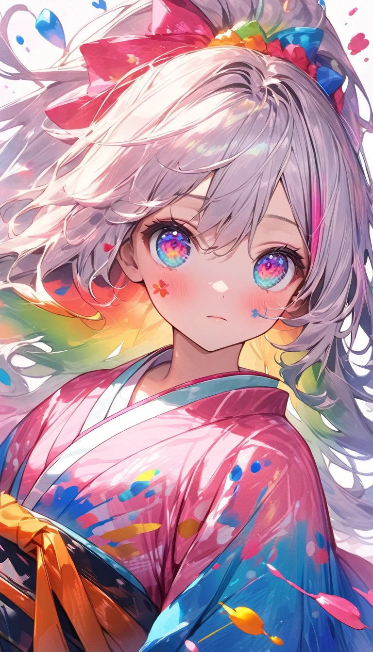(Pink fashion T-Camisa,:1.9),(Colorful hair:1.8),(Rainbow all colors:1.8),((((Vertical painting:1.6))),(painterly:1.6),front side,comic,illustration,painterly,with big eyes,Crystal clear,(Iridescent gradient high ponytail:1.7),elaborate makeup,closed Mouth,(Small fresh:1.5),long lashes,White shoulder T- Camisa,, White Shoulder Shirt,looking at the viewers,watery big eyes,(rainbow color Hair:1.6), Color Splash, (solo:1.8), Color Splash, Color explosion, Color Splash, Color explosion, Thick lacquer style,Messy lines,((Shiny,)) ,(colorful,,), Thick Paint Style, (Splash) (Color Splash), Vertical Painting, upper body, Paint Splash, Acrylic Pigment, Gradient, Paint, Highest Image Quality, the highest picture quality, Masterpiece, Solo, depth offield, Face Paint, colorful clothes, (elegence: 1.2), Ornate, long haired, aeolian, (elegence: 1.3), (petaled: 1.4),(((master masterpiece))),(((the best quality t))),((ultra Detailed)),(illustartion),(Dynamic Angle),((floating)),(painti),((Loose hair)),(solo),(1girl) , (( (Detailed anima face))),((Beautiful detailed face)),collars,Shoulders exposed,White Hair,((colourfel hair)),((streaked hair)),Beautiful detailed eyes,(Gradient eyes),(( (color eyes))),(((colorfully background))),(((high satur))),(((Surrounded by colorful splashes))),(Hanfu)