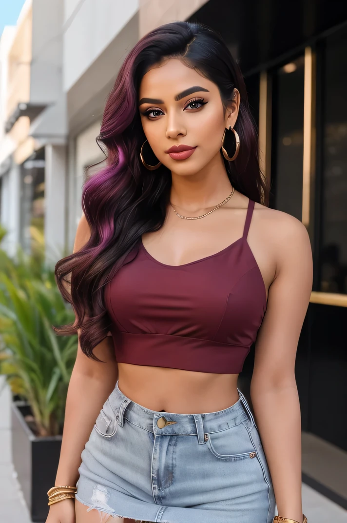 Create an ultra-realistic image of a modern, attractive female influencer of Indian descent, aged between 27 to 30. She should have a warm and inviting smile, expressive almond-shaped eyes with a slight shimmer, and clear, glowing skin with a medium brown complexion. Her features should be well-defined, with high cheekbones and a sharp jawline. Her hair should be long, thick, and wavy, with a natural shine and bounce, styled in an intricate updo with curls and volume. The hair color should be a deep, reddish-purple hue that’s bold yet sophisticated.

She should have a slender yet athletic build, reflecting a healthy and active lifestyle, with a medium bust size (44-46 inches) that is balanced and proportionate. She is wearing a red strappy crop top that highlights her toned figure and a black high-waisted skirt that complements her curves. Her outfit is completed with stylish black heeled sandals that add elegance to her look. She accessorizes with subtle yet chic jewelry, such as small hoop earrings and a few thin bangles.

The background should be a vibrant urban plaza with art installations, suggesting a cosmopolitan and artistic lifestyle. Her overall appearance should exude confidence, approachability, and sophistication, capturing the essence of a contemporary Indian fashion influencer.