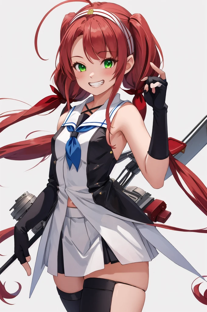 Highest quality, masterpiece, High resolution, 一人in, {Sichuan wind_Kantai Collection:1.15}, length_hair, red_hair, ribbon, hairband, hair_ribbon, 前hair, Ahoge, twin tails, Side Lock, low_twin tails, asymmetrical_前hair, very_length_hair, smile, green_eye, Seraphim, Sleeveless, hair_flap, 1 girl, just_shoulder, black_gloves, gloves, looking for_in_Audience, School_uniform, elbow_gloves, fingerless_gloves, Sleeveless_shirt, white_background, grin and laugh, Simple_background