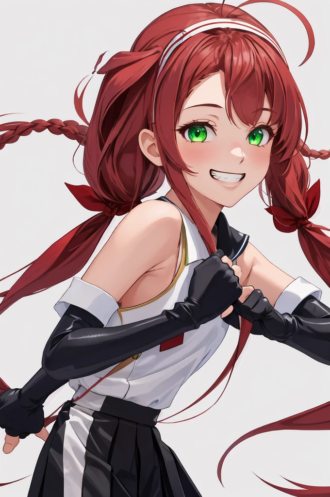 Highest quality, masterpiece, High resolution, 一人in, {Sichuan wind_Kantai Collection:1.15}, length_hair, red_hair, ribbon, hairband, hair_ribbon, 前hair, Ahoge, twin tails, Side Lock, low_twin tails, asymmetrical_前hair, very_length_hair, smile, green_eye, Seraphim, Sleeveless, hair_flap, 1 girl, just_shoulder, black_gloves, gloves, looking for_in_Audience, School_uniform, elbow_gloves, fingerless_gloves, Sleeveless_shirt, white_background, grin and laugh, Simple_background