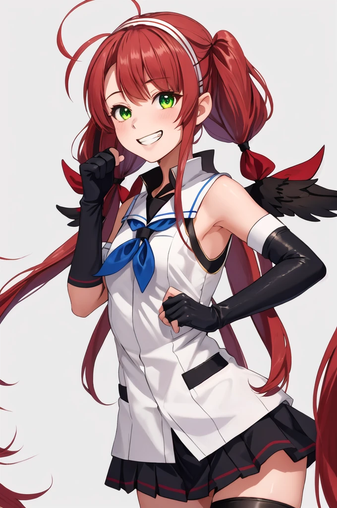 Highest quality, masterpiece, High resolution, 一人in, {Sichuan wind_Kantai Collection:1.15}, length_hair, red_hair, ribbon, hairband, hair_ribbon, 前hair, Ahoge, twin tails, Side Lock, low_twin tails, asymmetrical_前hair, very_length_hair, smile, green_eye, Seraphim, Sleeveless, hair_flap, 1 girl, just_shoulder, black_gloves, gloves, looking for_in_Audience, School_uniform, elbow_gloves, fingerless_gloves, Sleeveless_shirt, white_background, grin and laugh, Simple_background