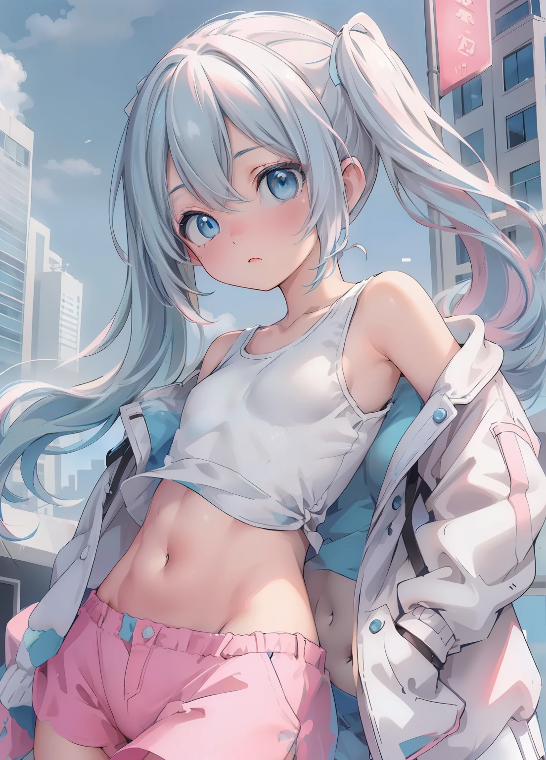 (masterpiece、Highest quality、Highest quality、Official Art、Beautiful and beautiful:1.2)、(One girl:1.3)Hatsune Miku、Twin tails,Beautiful breasts, alone, (Unexpected expressions)(Open your mouth, (White jacket), (Pink Tank Top), (White T-back)(High leg)(High Cut), Slim and narrow waist, belly button, Small hips, Only the waist, White ribbon, Dark Eyes, blue eyes, Sunny big city,