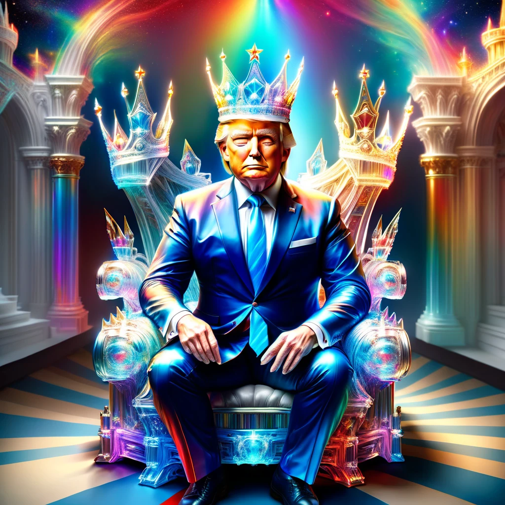 hyper detailed masterpiece, dynamic realistic digital art, incredible quality, doradas, Donald Trump, sitting on the throne wearing a crown united states flag DonMSp3ctr4lXL
