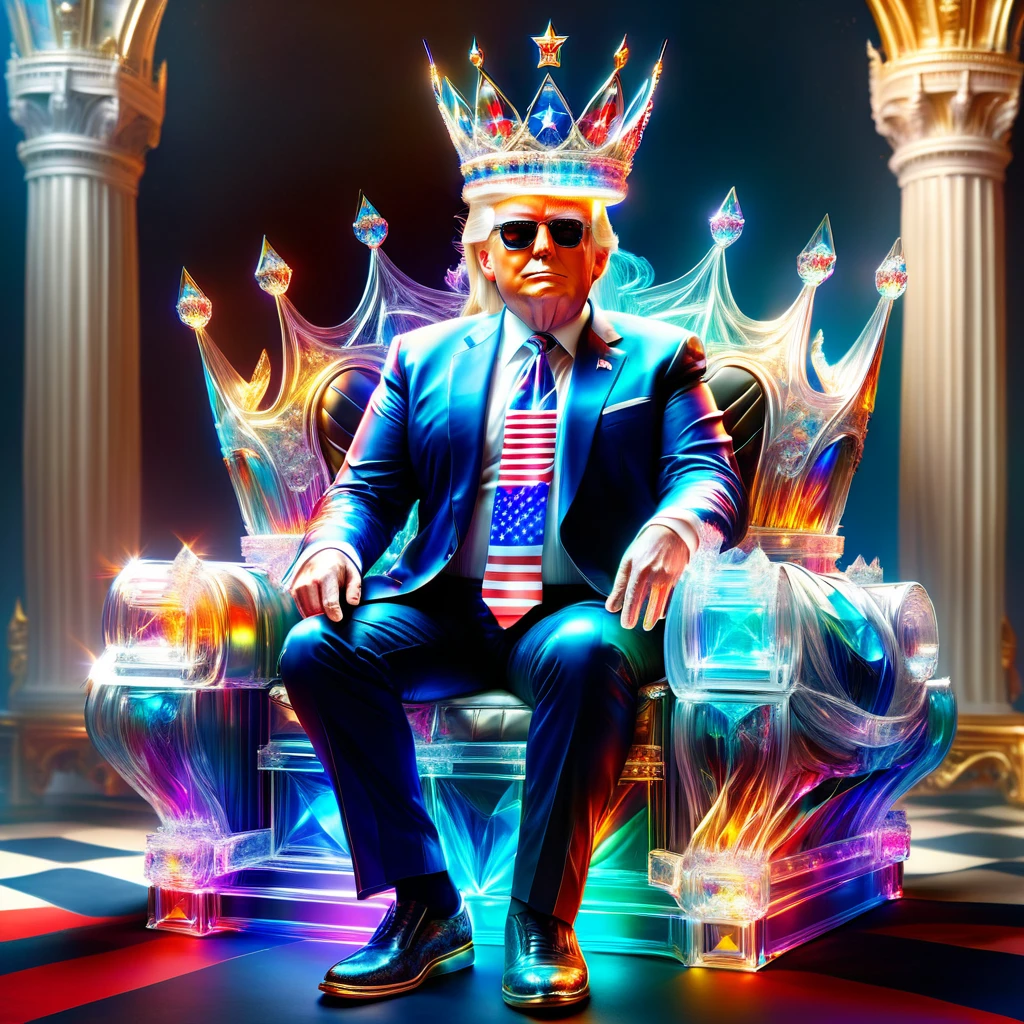 hyper detailed masterpiece, dynamic realistic digital art, incredible quality, doradas, Donald Trump, sitting on the throne wearing a crown united states flag DonMSp3ctr4lXL