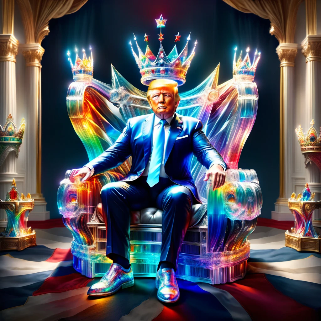 hyper detailed masterpiece, dynamic realistic digital art, incredible quality, doradas, Donald Trump, sitting on the throne wearing a crown united states flag DonMSp3ctr4lXL