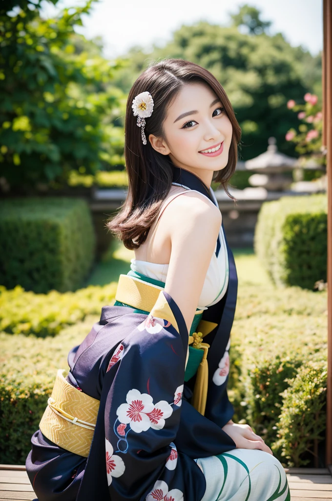 Pure Japanese kimono girl, wearing traditional kimono, traditional hair styles, vivid makeup, thick eyebrows, sweet smile, sitting in traditional garden, sexual attractive, refreshing in summer morning, professional portrait photography, 