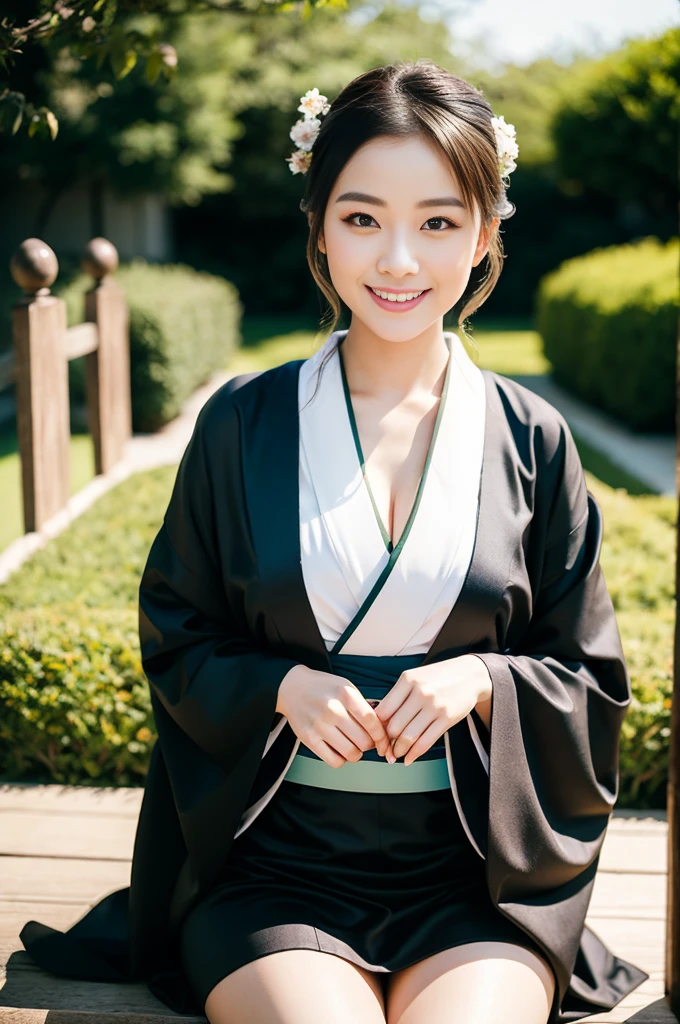 Pure Japanese kimono girl, wearing traditional kimono, traditional hair styles, vivid makeup, thick eyebrows, sweet smile, sitting in traditional garden, sexual attractive, refreshing in summer morning, professional portrait photography,