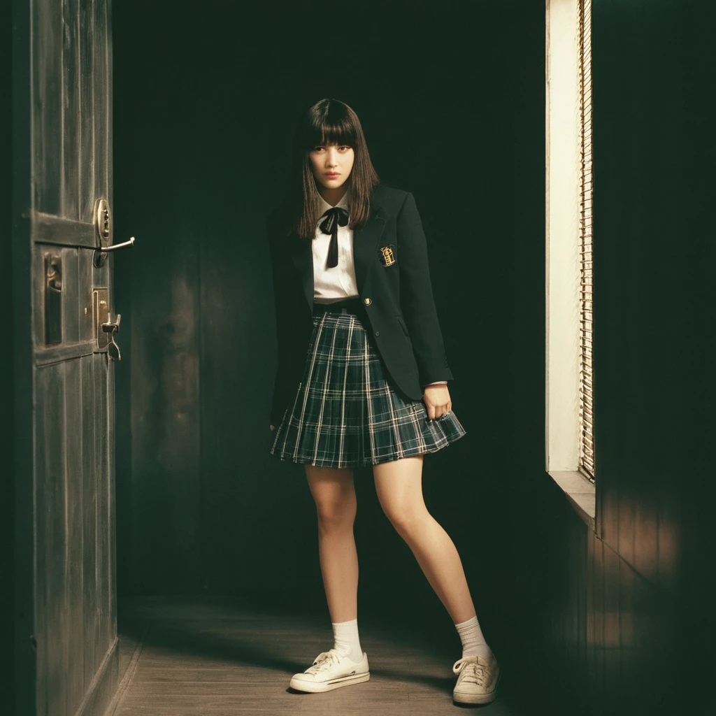 movieのような film still of  Cinematic film image of Gogo Yubari a woman in a  holding a Lock,One girl,alone,Long Hair,View your viewers,bangs,skirt,Black Hair,bow,,Are standing,Jacket,whole body,pleated skirt,shoes,shoes下,bowtie,Plaid,Knee-high,Lock,Plaid skirt,blazer,white shoes下,sneakers,Realistic , Kodak Film Grain, Dramatic Light, Dramatic shadow light, Contrast, saturated color, movieのような, movieの, movie, Realistic, realism, perfectionion, perfection, Deep Focus, Beautiful images, Kill Bill Style, キル・ビルのmovieスタイル, Shallow depth of field, Vignette, Very detailed, High budget, Bokeh, CinemaScope, Sulky, amazing, nice, Film Grain, granular