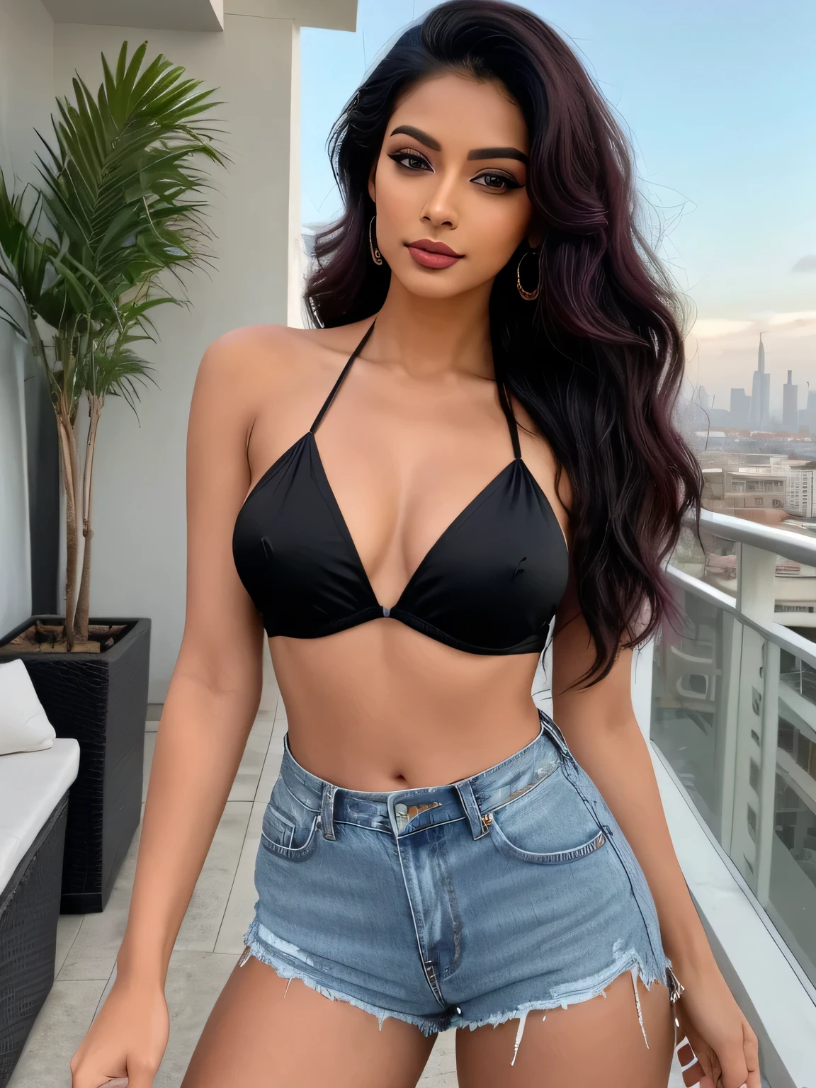 Create an ultra-realistic image of a modern, attractive female influencer of Indian descent, aged between 27 to 30. She should have a warm and inviting smile, expressive almond-shaped eyes with a slight shimmer, and clear, glowing skin with a medium brown complexion. Her features should be well-defined, with high cheekbones and a sharp jawline. Her hair should be styled in an intricate updo with curls and volume, featuring a deep, reddish-purple hue that’s bold yet sophisticated.

She should have a slender yet athletic build, reflecting a healthy and active lifestyle. She is wearing a black strappy bralette that covers only her nipples, paired with high-waisted distressed jeans. Her bust size is medium (44-46 inches), offering a balanced and proportionate appearance. Her look is completed with sleek, straightened hair.

The background should be a trendy rooftop lounge with cityscape views at sunset, adding a chic and cosmopolitan vibe. The overall scene should exude confidence, approachability, and sophistication, capturing the essence of a contemporary Indian fashion influencer.