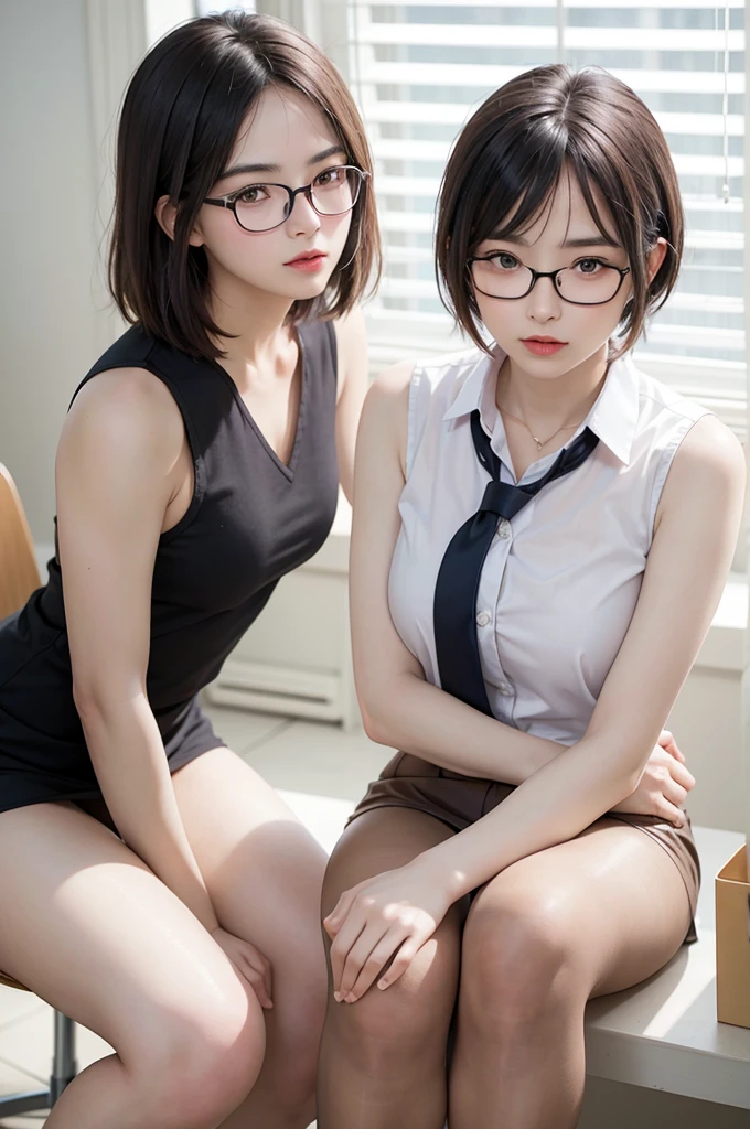 High resolution, beautiful (single) mature woman, well-formed face, symmetrical eyes, model-like proportions, short hair, thin under-rim glasses, arms crossed, sleeveless Y-shirt, tie, tight mini skirt, pantyhose, high heels, daytime office, whiteboard, light leaking through blinds, low angle, close-up of crotch, blurred background, emphasized outline of figure,