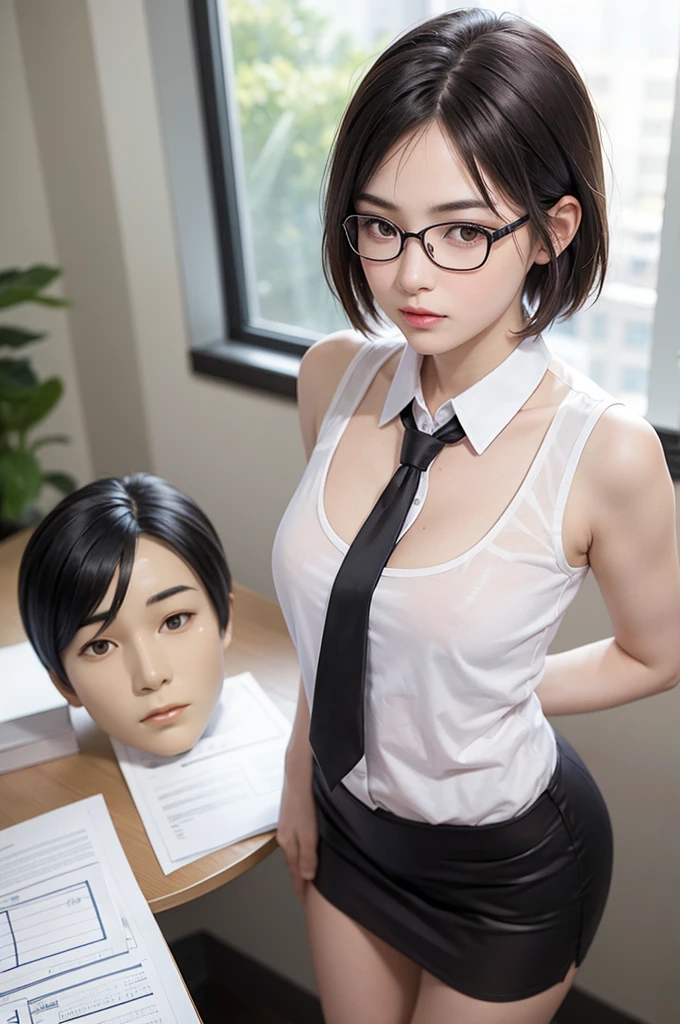High resolution, beautiful (single) mature woman, well-formed face, symmetrical eyes, model-like proportions, short hair, thin under-rim glasses, arms crossed, sleeveless Y-shirt, tie, tight mini skirt, pantyhose, high heels, daytime office, whiteboard, light leaking through blinds, low angle, close-up of crotch, blurred background, emphasized outline of figure,