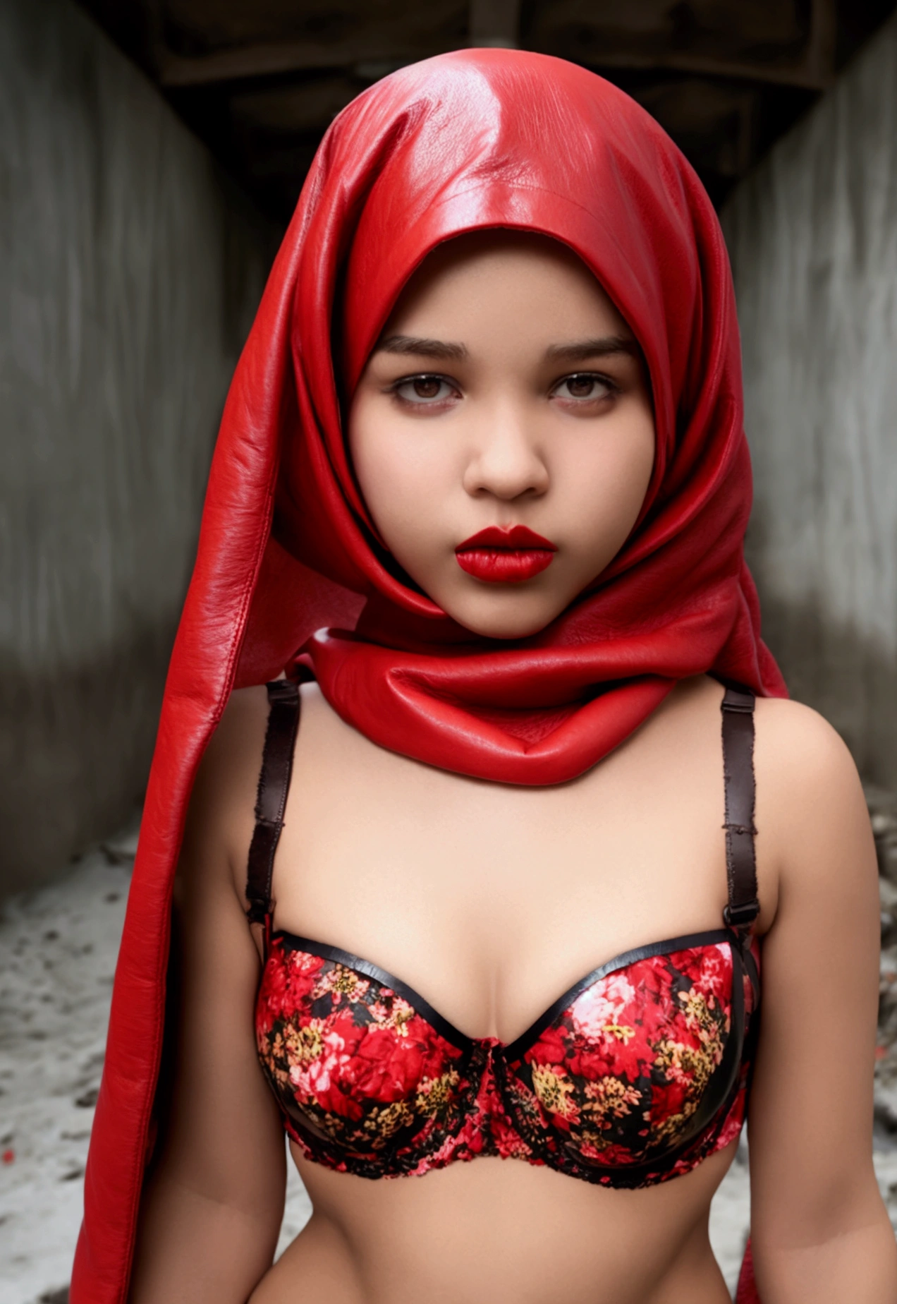 (((face Like a ))), (((RED HIJAB))), A girl with a very fat body naked in the middle of a dilapidated bridge, (((NAKED))), face Like a baby(face Like a baby))),RED HIJAB))), (((RED LIPS))), A girl with a very fat body naked in the middle of a dilapidated bridge, (((RED FLORAL PATTERN STRAPLESS BRA))), (((LEATHER BRA))), face Like a baby, Lookin the camera SEDUCTIVE pose 