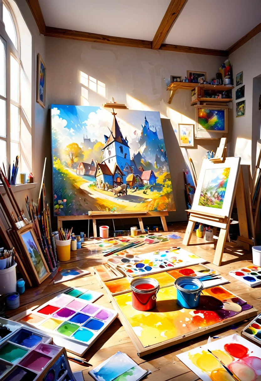 dutch angle, focus on the canvas, I am painting the Grimm fairy tale "The Bremen Town Musicians" on canvas, sunlight shines into a dimly lit room, the room is cluttered with art supplies, conceptual installation art, 2.5D, delicate and dynamic, fusion of watercolors and oil paintings, magic of vivid color shades and contrasts, gradation, foggy filter effects