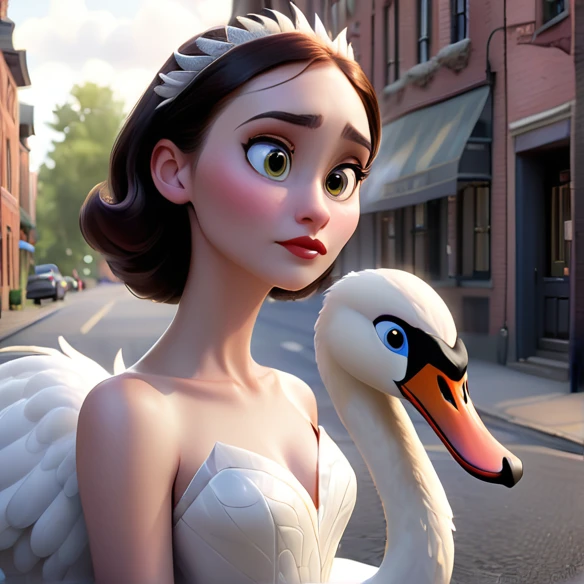 Imagine a woman with a swan head on a dark street in love with a Pixar-style supernatural