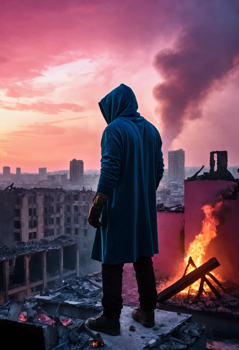 Hooded person standing on a building roof, overlooking a ruined apocalyptic city, blue and pink sunset, buildings on fire, fire axe in their hand, view from behind, small campfire next to them.