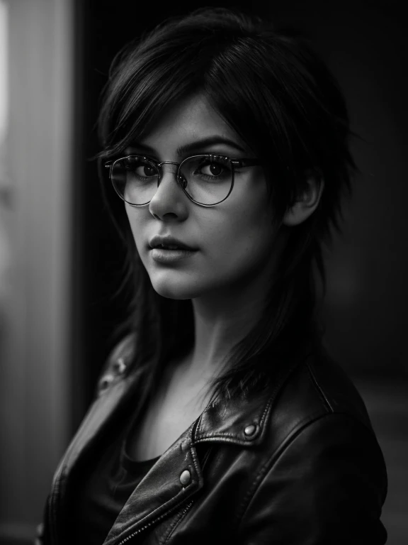 Raw monochrome photo, subject, (very detailed skin:1.2), contract for 8 thousand., SLR camera, soft lighting, high quality, detailing, Fujifilm XT3 monochrome film, masterpiece,Best quality,Ультра подробный masterpiece, Photography for documents, 1 charming chubby girl with glasses, 22 years old, with aesthetic small breasts, upper body, medium shot, long shot,(((punk hairstyle))), realistic very tousled dark brown tousled hair, beautiful full sensual lips, реалистичные выразительные тёмно-Brown eyes, (((realistic glasses with distorting lenses))), Black leather jacket, clear sharp focus, twilight, ambient light of a photo studio,Shadow on the face, reflection in Очки lenses, eye reflection, detailed eyes,Brown eyes,beautiful eyes,detailed face,real realistic skin,chiaroscuro, (high contrast):1.2, Dramatic shadows, Bold text, moody atmosphere, a lot of background, wide background frame, many small environmental details, Meticulously drawn background, Thrilling Intensity, expressive writing style, Black and white photography