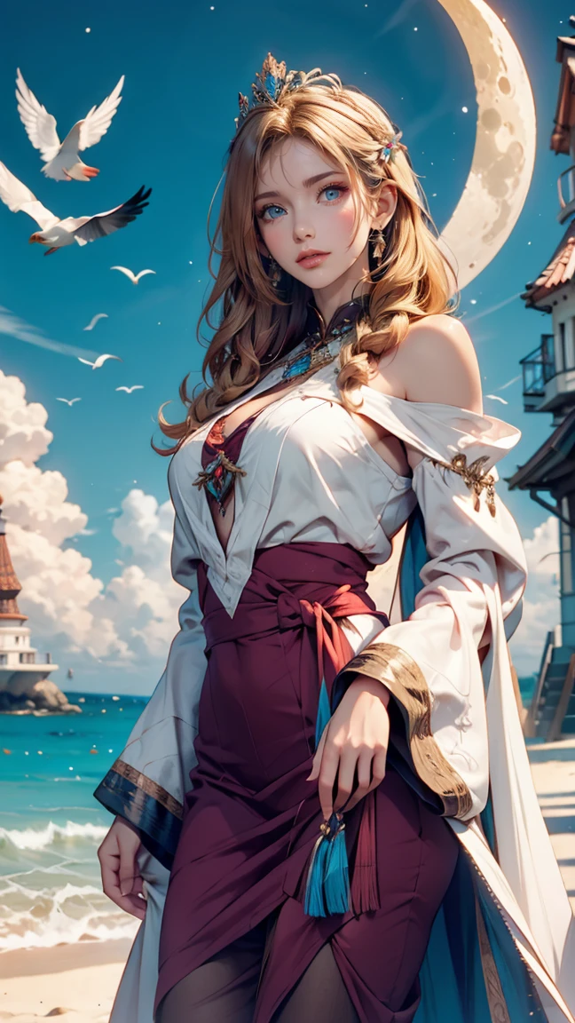 ,((Highest quality))),8k,((masterpiece)),(Very sophisticated and beautiful), A girl emerges from the sea, The Swan Princess of Russian Mythology, Beautiful calm face, blue eyes, Long blonde hair braided, Moon braid at the back of the head, With a kokoshnik crown on his head、White and shiny old Russian clothing, Loving eyes, Half-laugh, There was a gentle look on his face, Background seascape and sunlight, Seagulls in the sky, full length, realism