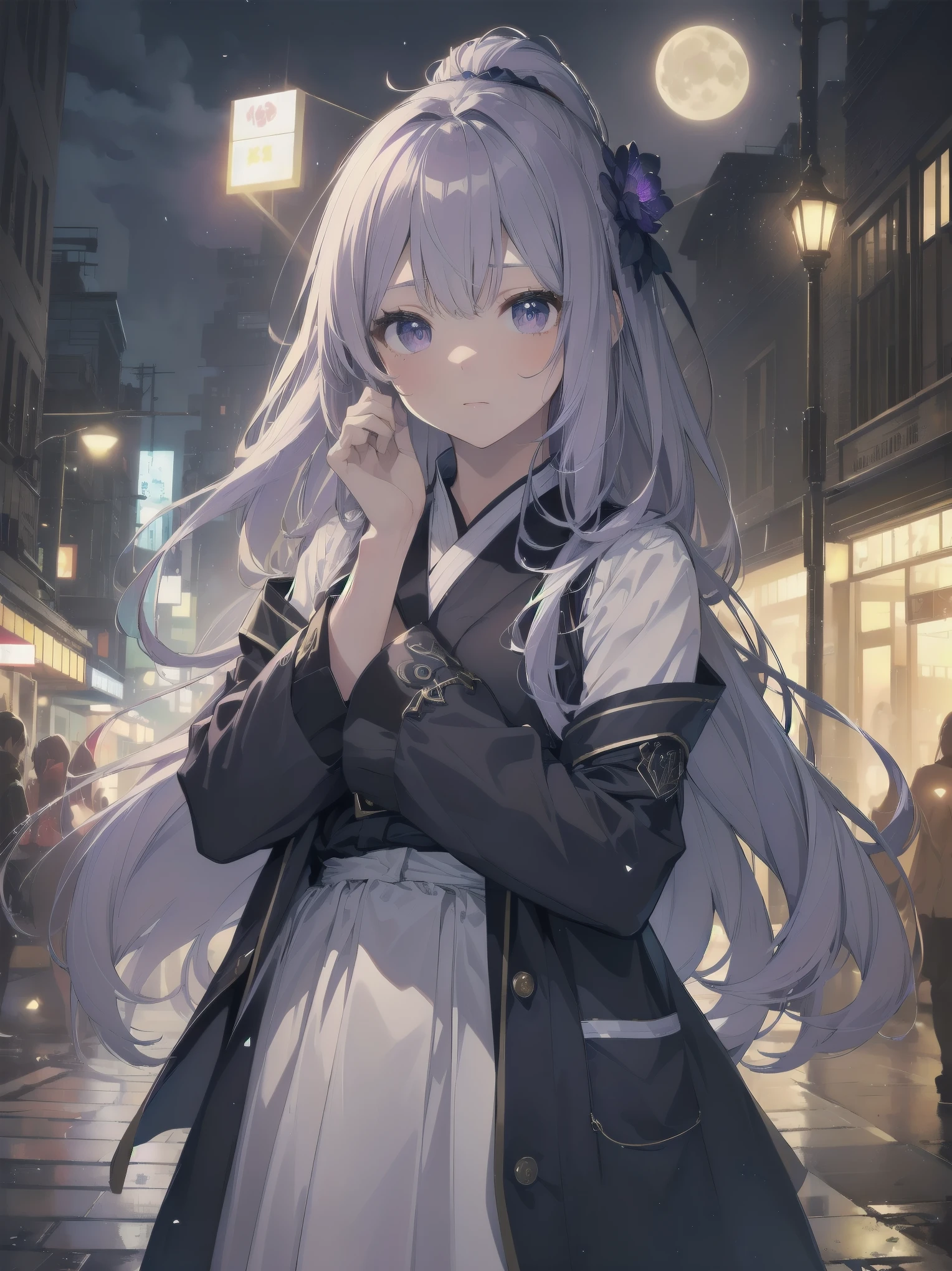 masterpiece, 8k, Highest quality, Very detailed, Purple & A beautiful girl in a blue magical robe with a moon motif、Close-up on the characters、(building, city、A dense fog of fluorescent particles、1800Era、Western style、Fiction、grow、Overwhelming、Detailed street)、A beautiful girl with a beautiful background and a super cute pose