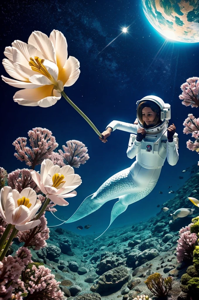 A mermaid and an astronaut together. The astronaut has a tulip in his hand. Animated image