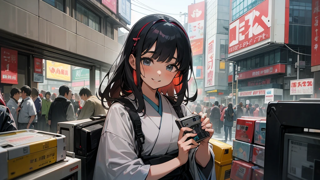 Very beautiful 18 year old Japanese woman, holding old cassette tape, cassette tape facing front, woman looks very happy.in Akihabara