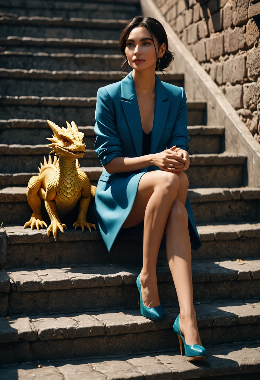 A very pretty lady sitting on a set of stairs with a baby dragon beside her, hyperrealism, photorealistic, 8k, unreal engine --ar 9:16 --niji 5 --style expressive --s 400