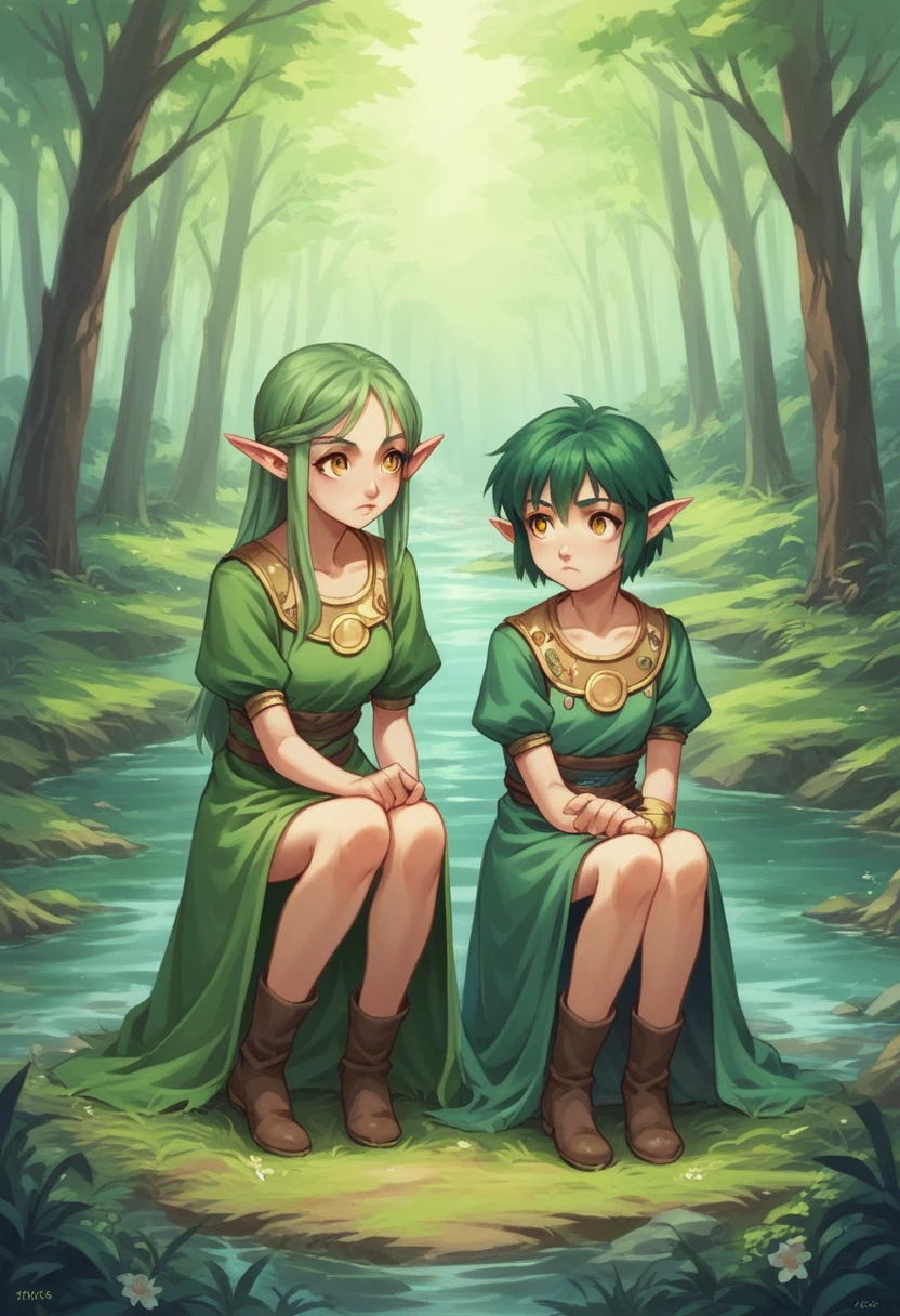 NSFW,2000s style,Riko Korimoto style,pc adult game(King of Learning),Young and adult woman,Elf,Two Girls,Green Hair,Golden Eyes,Green clothes,Primitive Druid Outfit,Clothes that only cover the private parts,in the forest,river,