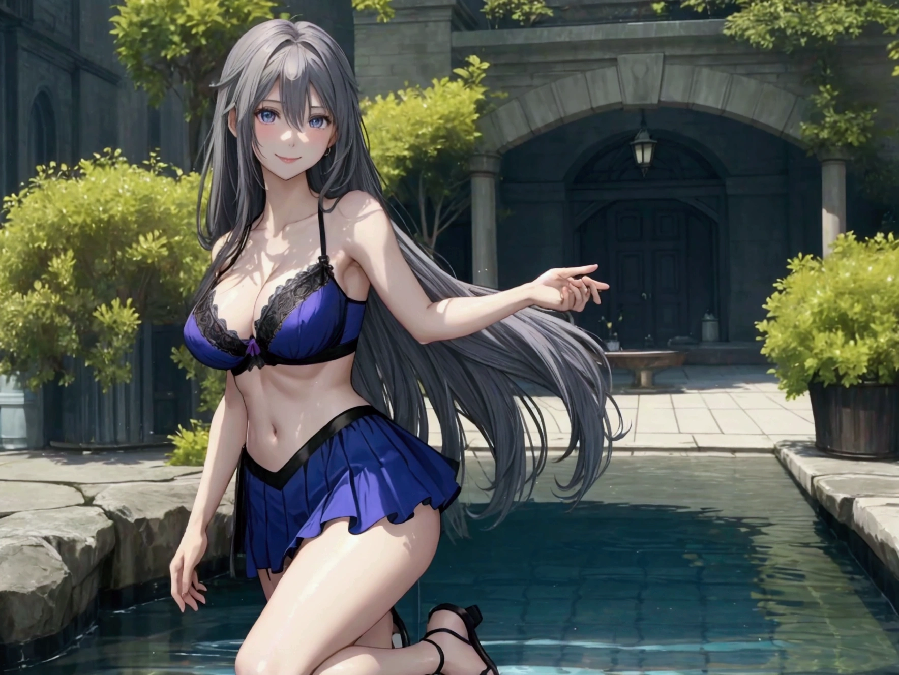Please draw a full body of a woman.。Similar to Violet Evergarden from the anime、Smooth skin、RAW images、High definition、High resolution、high resolution、Full Body、Toes、Tube top bra、Satin long skirt、Perfect fingertips、Perfect legs先、Perfect legs、Perfect Face、Detailed face、smile、Sandals、Seaside、juice、Water's Edge、Standing pose、