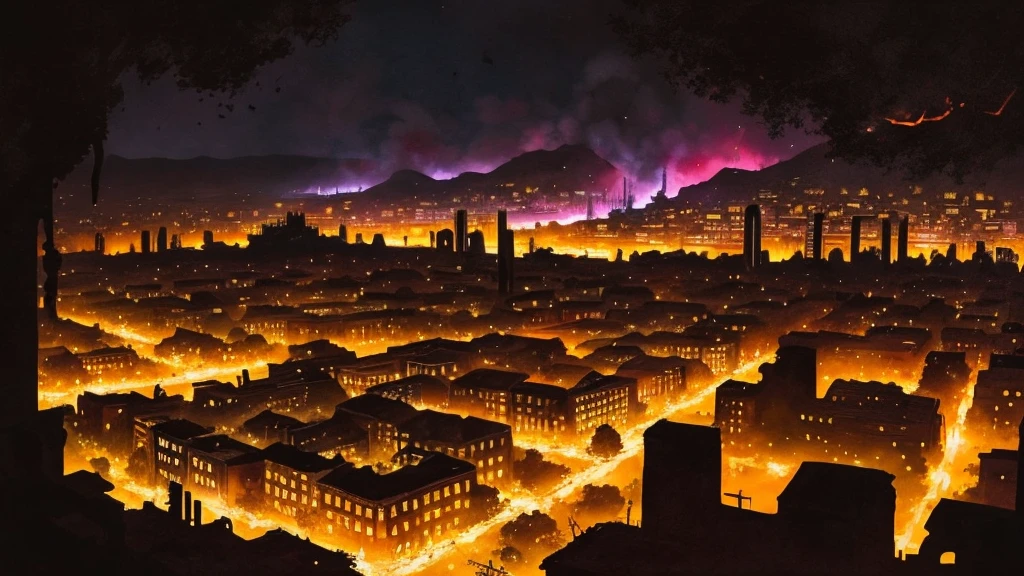 up close scene of ancient town of ruins, on fire, city destroyed, dark, post apocalyptic, artistic, city ruins in background, dark purples, reds, yellows, lots of active fire, abandoned town, burning, night time, really close up, in fire, gouache art style, painted, video game