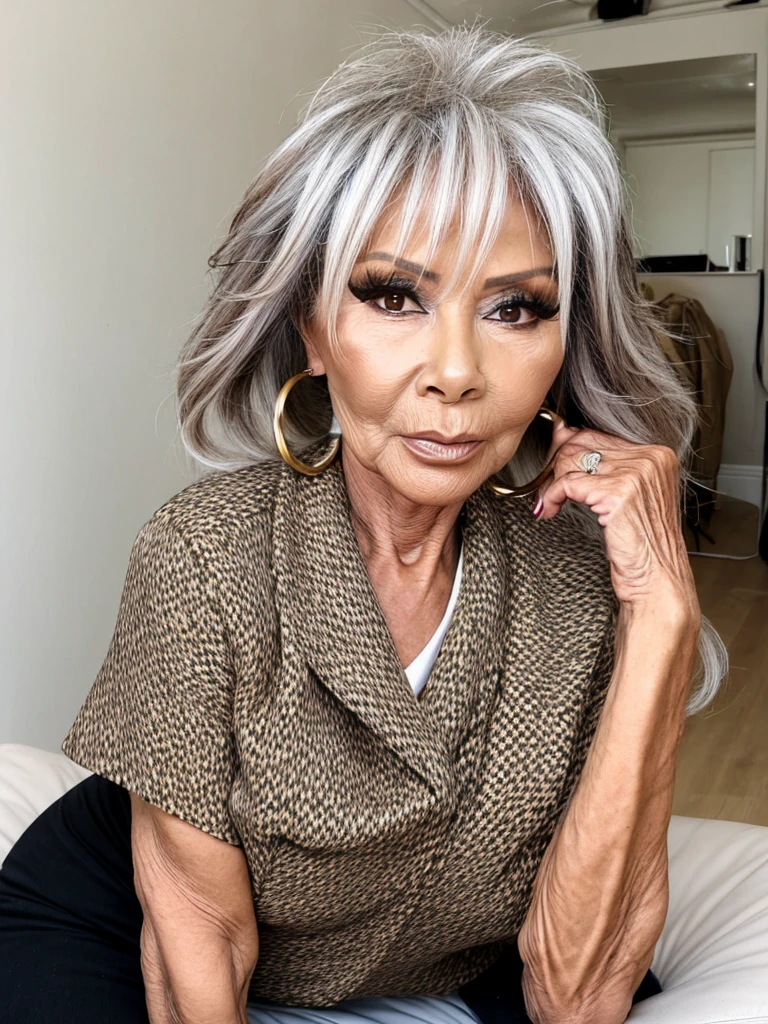 Mature old woman aged 55 who looks like Victoria Beckham of African origin gyaru style 