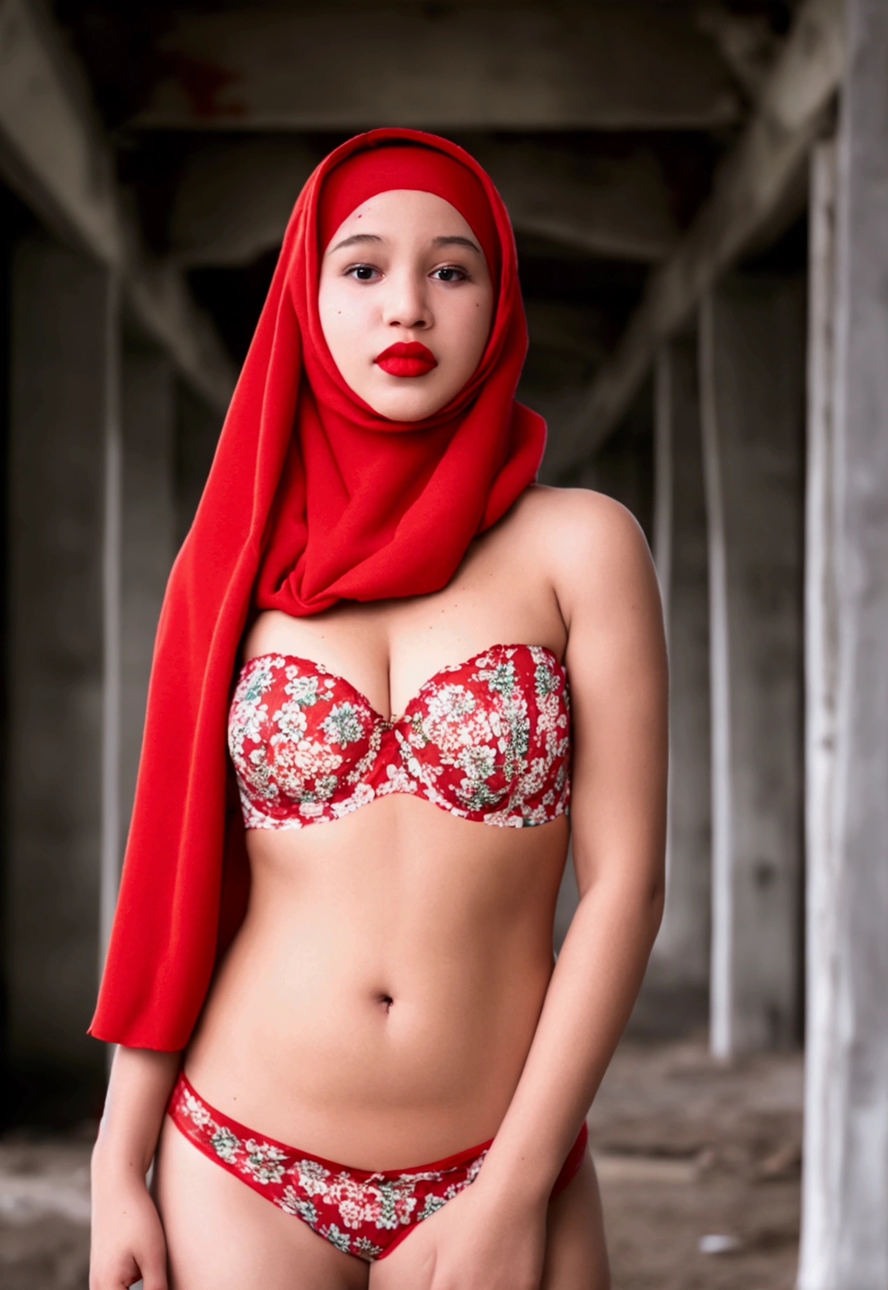 (((face Like a baby))), (((RED HIJAB))), A girl with a very fat body naked in the middle of a dilapidated bridge, (((NAKED))), face Like a baby, (((face Like a baby))), (((RED HIJAB))), (((RED LIPS))), A girl with a very fat body naked in the middle of a dilapidated bridge, (((RED FLORAL PATTERN STRAPLESS BRA))), (((NAKED))), face Like a baby, Looking at the camera SEDUCTIVE pose