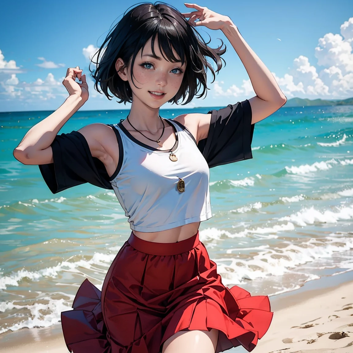 Woman dancing happily on the beach in a skirt and small top