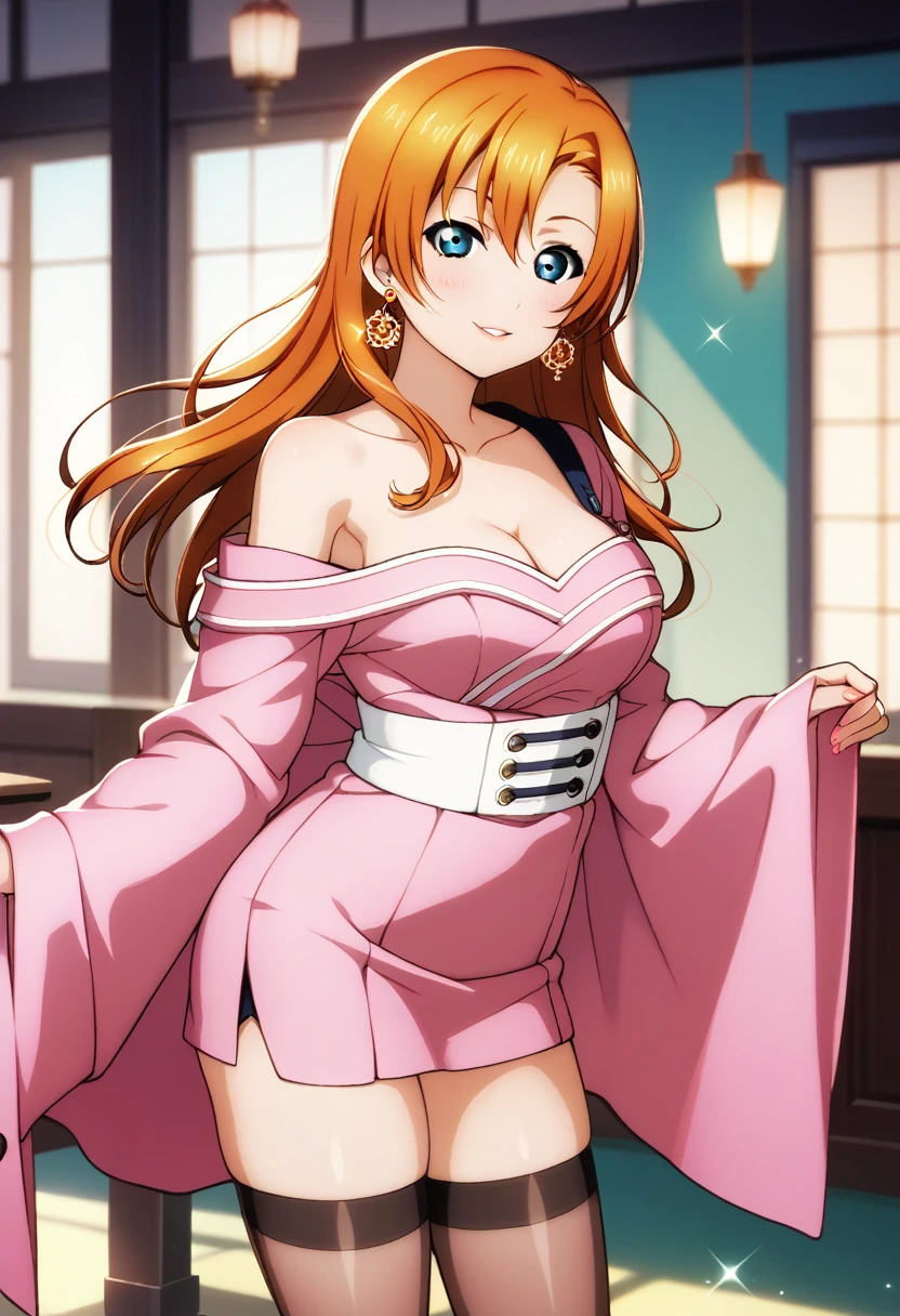 (Masterpiece, Best Quality, High Quality), professional artwork, well drawn, Intricate Details,solo,in village
Kousaka honoka, afternoon
, ultra detail hair, ultra detail face, perfect eyes, earring, Looking at Viewer, pink clothes , off shoulder kimono, cleavage, thighhighs, (thighs), thighs gap,dark orange hair , standing