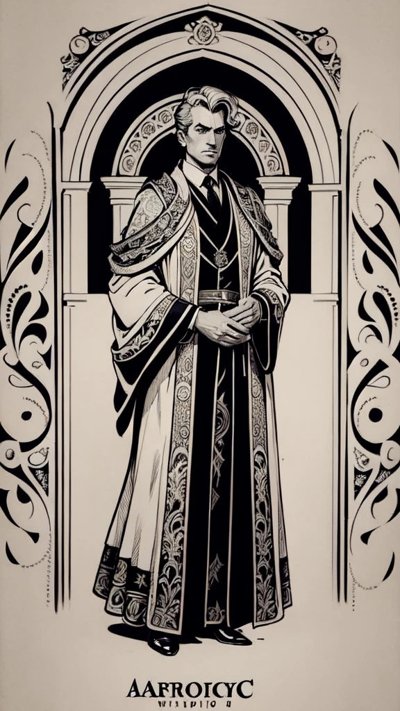 arafed drawing of a woman in a black and white suit and tie, detailed fashion illustration, wearing an ornate suit, intricate suit, ornate clothing, style of kilian eng, ornate attire, full body illustration, in clothes! intricate, intricate clothes, delicate androgynous prince, clothed in ancient suit, robes! intricate, ((wearing aristocrat robe))