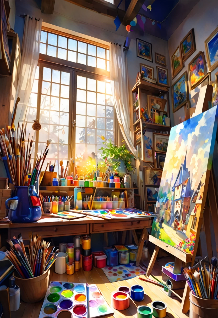 dutch angle, focus on the canvas, I am painting the Grimm fairy tale "The Bremen Town Musicians" on canvas, sunlight shines into a dimly lit room, the room is cluttered with art supplies, conceptual installation art, 2.5D, delicate and dynamic, fusion of watercolors and oil paintings, magic of vivid color shades and contrasts, gradation, foggy filter effects
