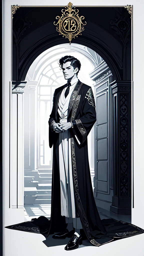 arafed drawing of a woman in a black and white suit and tie, detailed fashion illustration, wearing an ornate suit, intricate suit, ornate clothing, style of kilian eng, ornate attire, full body illustration, in clothes! intricate, intricate clothes, delicate androgynous prince, clothed in ancient suit, robes! intricate, ((wearing aristocrat robe))