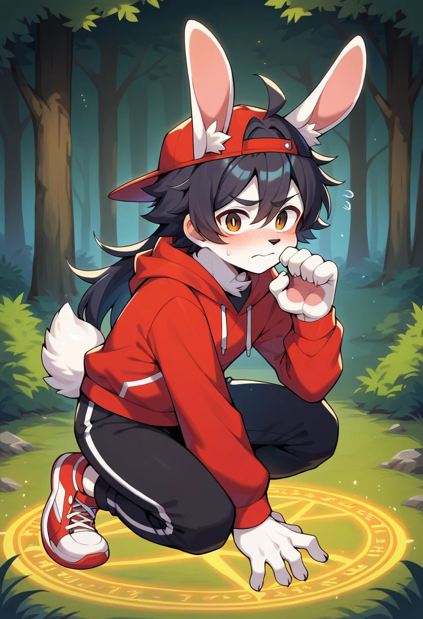masterpiece, best quality, expressive eyes, perfect face, a man get transformed into a furry toddler bunny, furry bunny, white fur, bunny tail, bunny ears, solo, surpriced, blushed, black hair, long hair, red baseball cap, black shirt, red hoodie, black sports pants, red sport shoes, brown eyes, full body, in a magic forest, glitter, embarrassed pose, magic circle on the floor.