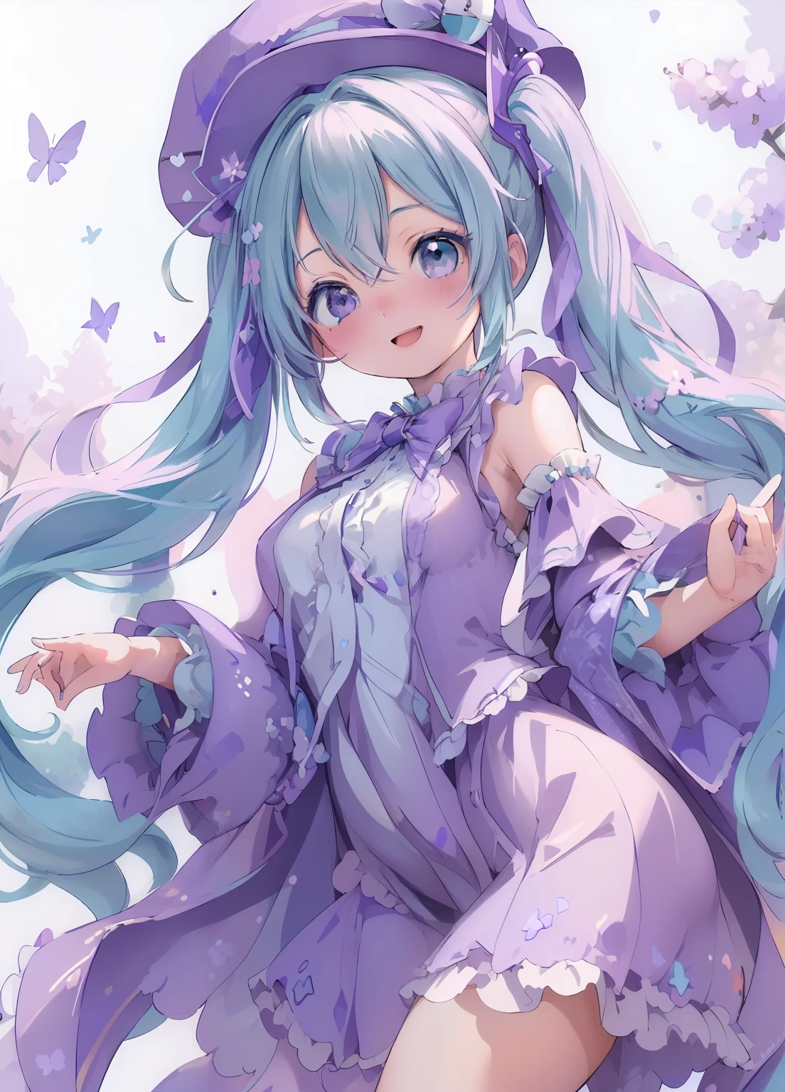 (masterpiece、Highest quality、Highest quality、Official Art、Beautiful and beautiful:1.2)、(One girl:1.3)Hatsune Miku、Twin tails,Beautiful breasts,Highest quality、One Girl、Whole Body Ezbian、Baby Face、Laughing with your mouth open、Cool、Cute eyes、Bunny ears、Purple Wizard Clothes、huge 、purple wizard hat、